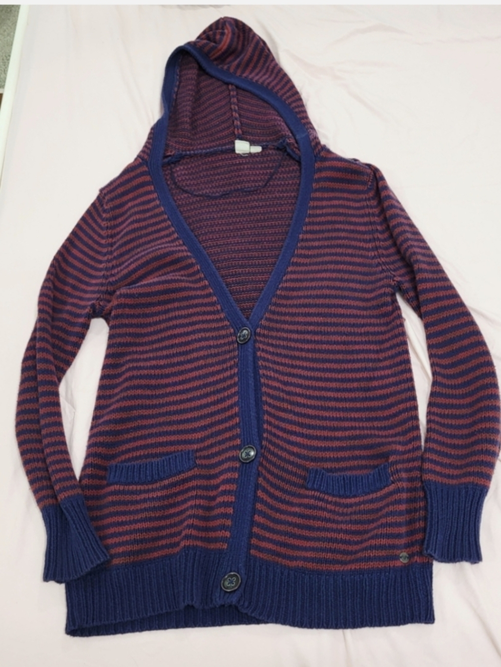Roxy Navy & Red Striped Hooded Button-Front Cardigan Size XL
